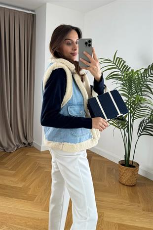 Kürk Astar Detaylı Denim Yelek