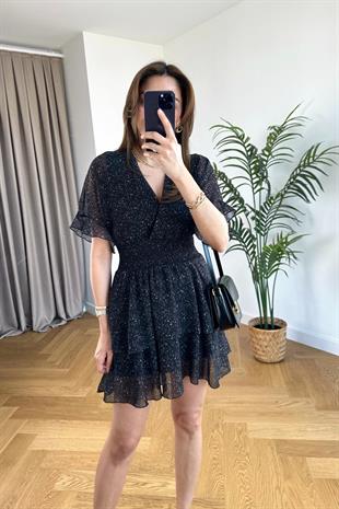 Zr Siyah Kruvaze Yaka Beli Lastikli Elbise