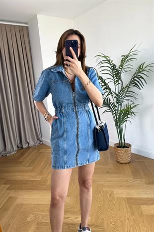Topshop Fermuar Detaylı Denim Elbise