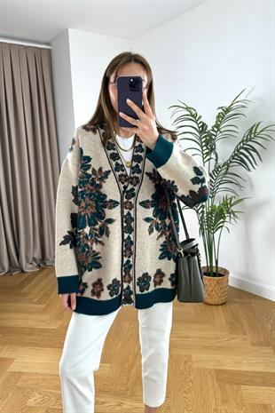 Wensy Ekru Çiçek Detaylı Hırka