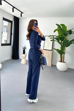 Kulia Lacivert Yanları Büzgülü Bluz Pantolon Takım
