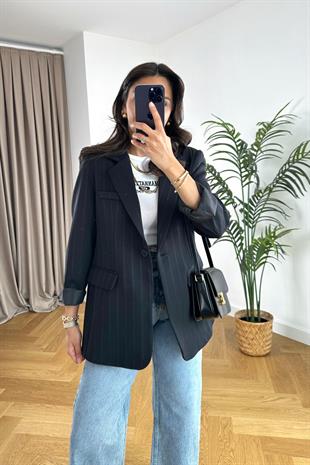 ZR Siyah Kendinden Çizgili Blazer Ceket