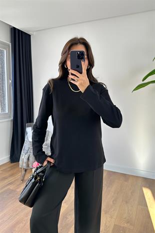 Cosane Siyah Bisiklet Yaka Uzun Kollu Tişört