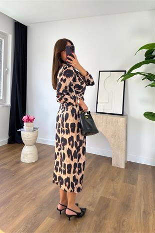 Vensa Leopar Desenli Drapeli Maxi Boy Elbise