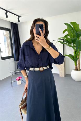 Denta Lacivert Kendinden Çizgili Gömlek