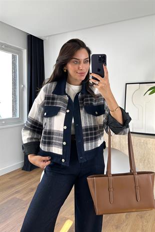 Kasne Denim Yaka Düğme Detaylı Ekose Ceket