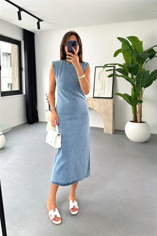 Dens Mavi Fermuar-Yırtmaç Detaylı Denim Elbise