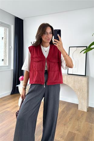 Meleya Bordo Kapak Cep Detaylı Yelek