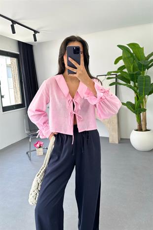Enika Pembe Keten Önü Bağlamalı Bluz