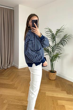 Navy Lacivert Beyaz Çizgili Polo Yaka Triko