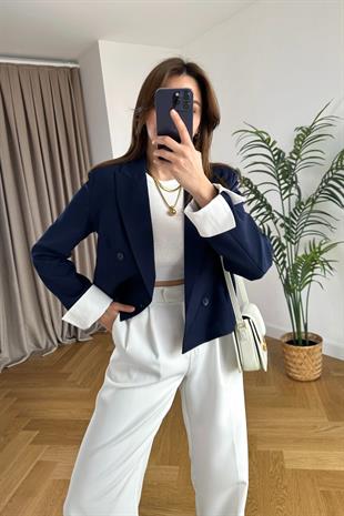 ZR Lacivert Kol Detaylı Çift Düğmeli Blazer 