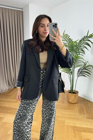 Bombosy Siyah Çift Düğmeli Blazer