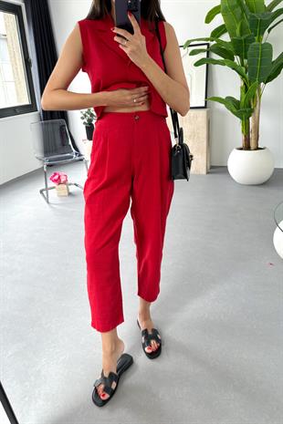 Pose Kırmızı Yelek Pantolon Takım