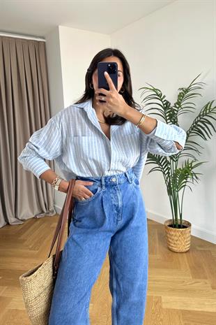 ZR Mavi Çizgili Keten Gömlek