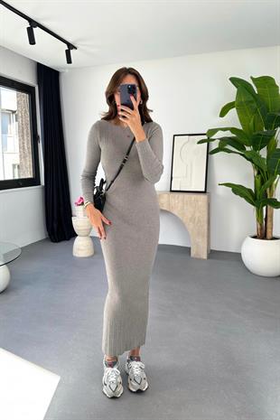 Elseva Gri Maxi Boy Triko Elbise