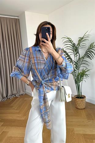 Perex Mavi Kahve Desenli Kruvaze Gömlek