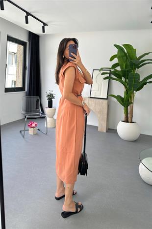 Liza Yavruağzı Kemer Detaylı Tensel Elbise