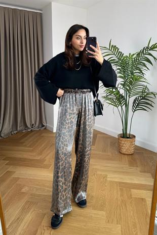 Beli Lastikli Leopar Desenli Pantolon