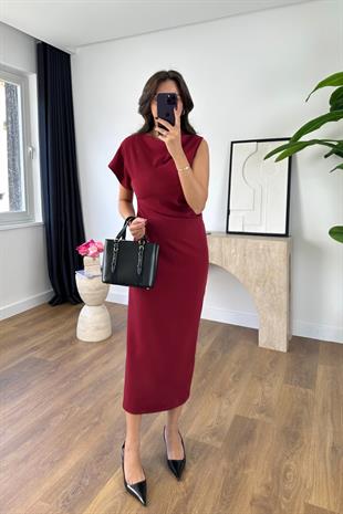 Woxo Bordo Drapeli Elbise