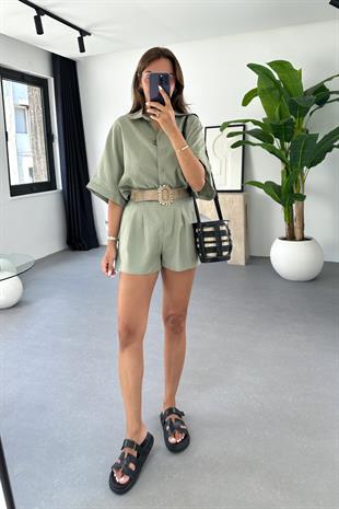 Lily Olive Kemer Detaylı Keten Gömlek Şort Takım