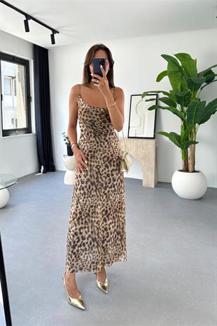 Tulla Leopar Desenli İp Askılı Tül Elbise
