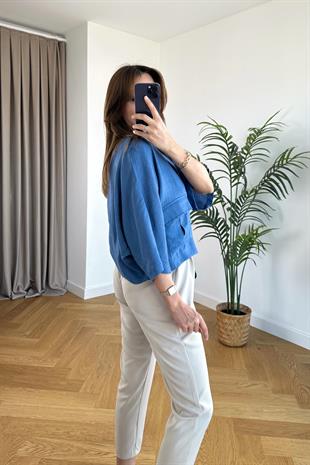 Omof Saks Mavisi Cep Ve Düğmeli Gömlek