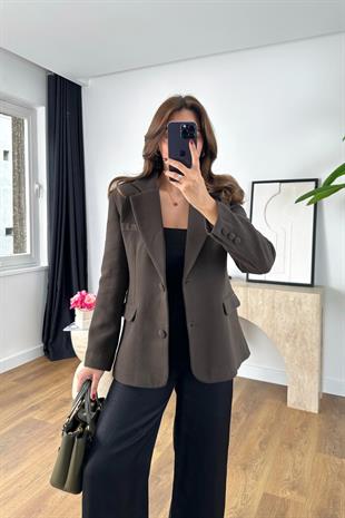 Fasone Acı Kahve Şal Detaylı Blazer Ceket