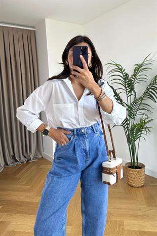 Selly Beyaz Kare Desenli Gömlek