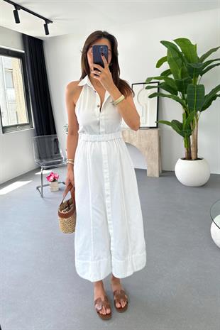 Loves Beyaz Halter Yaka Gabardin Elbise