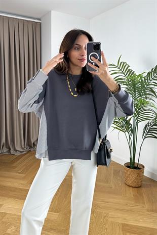 Gri Gömlek Detaylı Sweatshirt