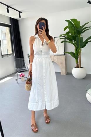 Loves Beyaz Halter Yaka Gabardin Elbise