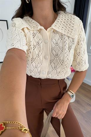 Natisa Taş Polo Yaka Ajurlu Triko Hırka
