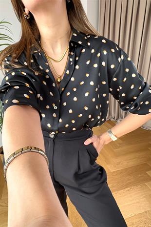 Siyah Kahve Benek Desenli Saten Gömlek