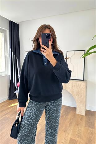 Poliz Lacivert Kot Yaka Detaylı Sweatshirt