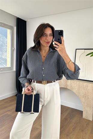 Drones Lacivert Beyaz Çizgili Gömlek