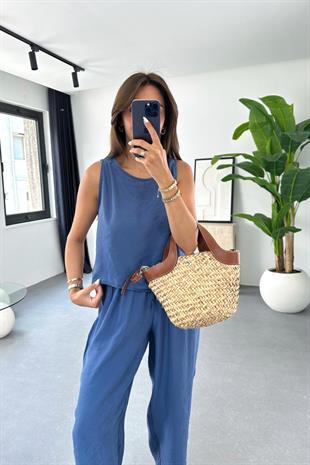 Mona İndigo Beli Bağlamalı Bluz Pantolon Takım