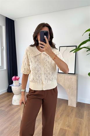 Natisa Taş Polo Yaka Ajurlu Triko Hırka