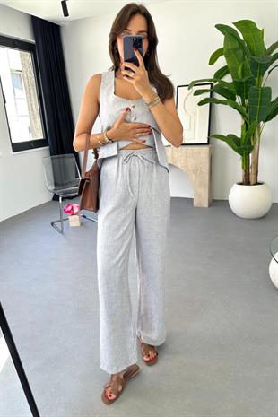 Lariss Açık Gri Beli Bağlamalı Yelek Pantolon Takım