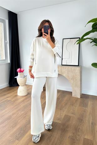 Eslane Kırık Beyaz Çizgili Sweat Modal Pantolon Takım
