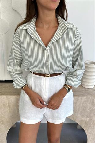 Lenora Beyaz Yeşil Çizgili Keten Gömlek