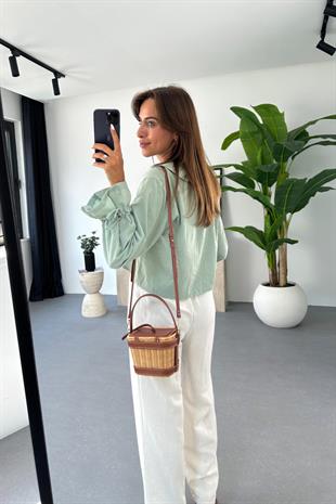 Enika Mint Yeşili Keten Önü Bağlamalı Bluz