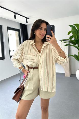 Couna Kiremit Çizgili Keten Gömlek