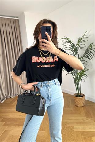 Amour Siyah Bisiklet Yaka Tişört
