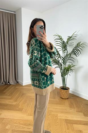 Gref Yeşil Bej Cep Detaylı Hırka