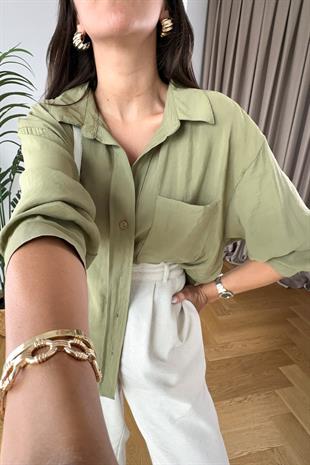 Mari Yağ Yeşili Dökümlü Gömlek