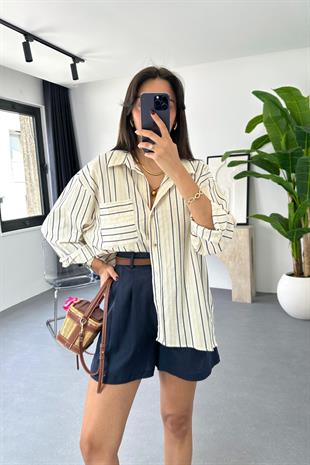 Couna Lacivert Çizgili Keten Gömlek