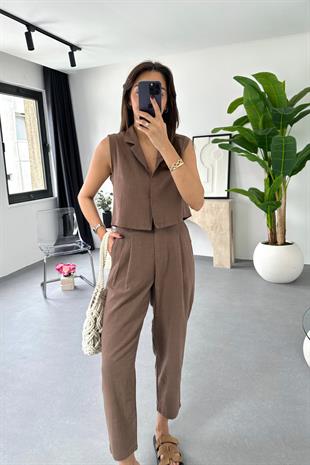 Pose Kahve Yelek Pantolon Takım