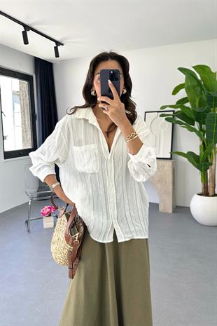 Denta Beyaz Kendinden Çizgili Gömlek