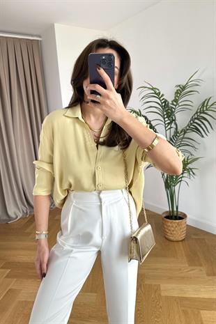 Cudy Yağ Yeşili V Yaka Saten Gömlek 