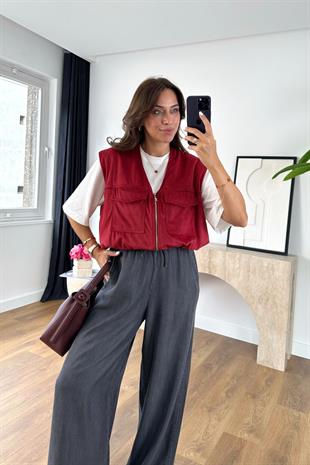 Meleya Bordo Kapak Cep Detaylı Yelek